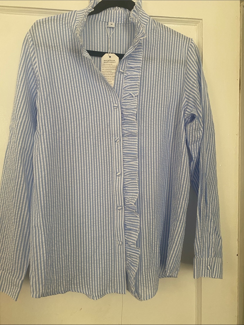 Women’s Light Blue Striped Ruffle-Front Blouse